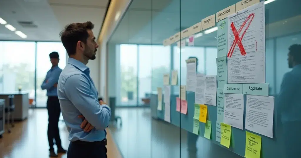Quadro de avisos com projetos marcados como aprovados e reprovados em ambiente corporativo