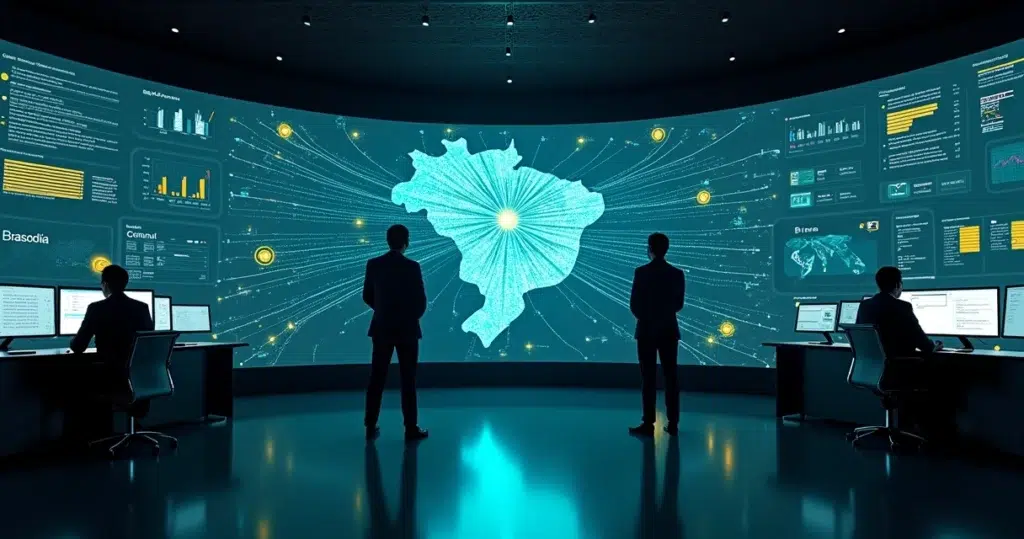 Painel digital com mapa do Brasil conectado por ícones de convênios e recursos públicos