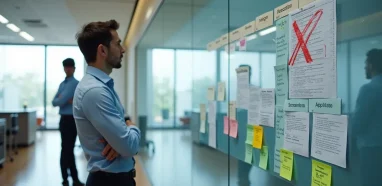 Quadro de avisos com projetos marcados como aprovados e reprovados em ambiente corporativo