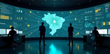 Painel digital com mapa do Brasil conectado por ícones de convênios e recursos públicos